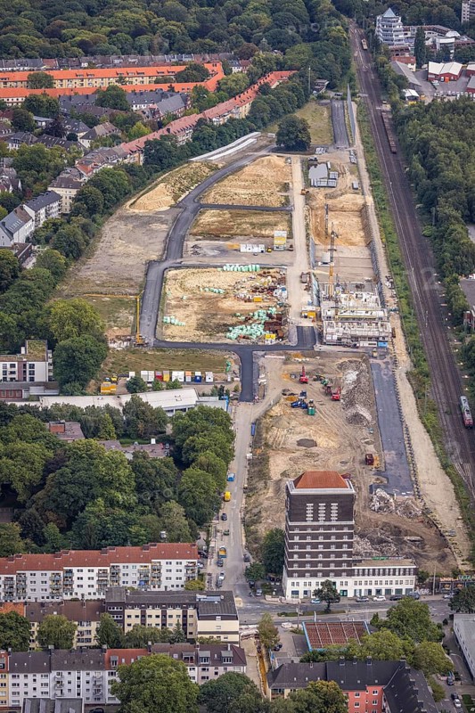 Aerial view, construction site Kronprinzenviertel for new construction of residential units Am Wasserturm Südbahnhof in the district City in Dortmund, Ruhr area, North Rhine-Westphalia, Germany, construction work, building monument, construction, construction area, building site, building plots, construction project, construction site, DE, monument, Dortmund, Europe, aerial view, aerial photography, aerial photography, tower, overview, bird's-eye view, overview