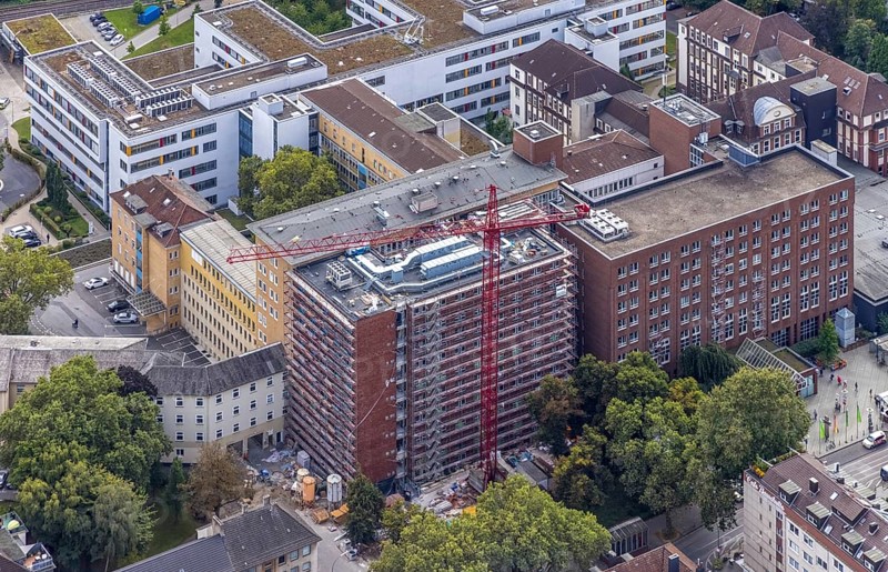 Aerial view, construction site at the Dortmund Clinic in the City district of Dortmund, Ruhr area, North Rhine-Westphalia, Germany, construction work, construction area, construction site, building plots, construction project, construction site, DE, Dortmund, Europe, healthcare, hospital, clinic, clinic centre, hospital, aerial photograph, aerial photography, aerial photography, medical facility, medical aid, overview, bird's-eye view, bird's-eye view, overview, medical care