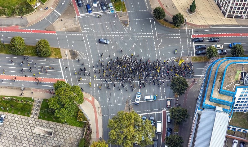 Aerial photo, BVB fans on their way to the BVB 09 football match in the City district of Dortmund, Ruhr area, North Rhine-Westphalia, Germany, BVB 09 Borussia Dortmund, DE, Dortmund, Europe, football fans, aerial photo, aerial photography, aerial photography, overview, bird's-eye view, overview