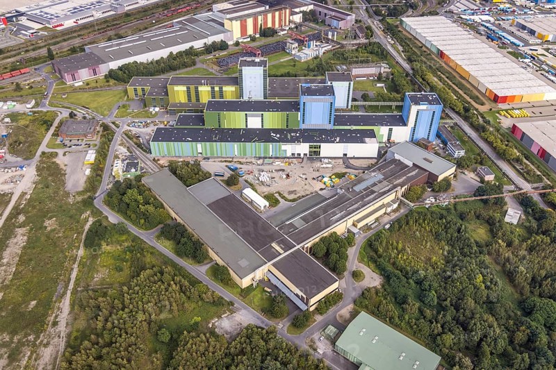 Aerial view, thyssenkrupp Steel Europe AG - FBA 10 on the site of the old Westfalenhütte in the Borsigplatz district of Dortmund, Ruhr area, North Rhine-Westphalia, Germany, DE, Dortmund, Europe, commercial enterprises, commercial area, commercial site, commercial use, industrial area, industrial building, industrial site, aerial photograph, aerial photography, aerial photography, overview, bird's-eye view, bird's-eye view, overview