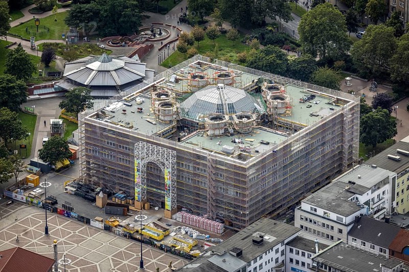 Aerial view, renovation works at the city hall of Dortmund in the district City in Dortmund, Ruhr area, North Rhine-Westphalia, Germany, construction works, construction area, construction site, construction project, construction site, DE, Dortmund, Europe, aerial view, aerial photography, aerial photography, renovation, refurbishment, overview, bird's-eye view, overview