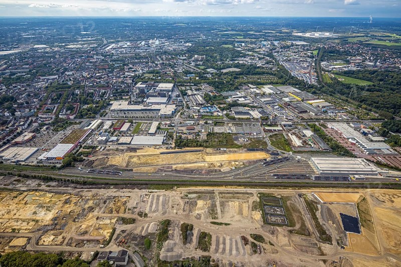 Aerial view, construction site at the old Westfalenhütte with Siemens Rail Service Centre in the district Borsigplatz in Dortmund, Ruhr area, North Rhine-Westphalia, Germany, construction area, construction site, building plots, construction project, construction site, brownfield site, DE, Dortmund, Europe, commercial enterprises, commercial area, commercial area, commercial site, commercial use, industrial area, industrial site, aerial view, aerial photography, aerial photography, overview, bird's eye view, birds-eyes view, overview