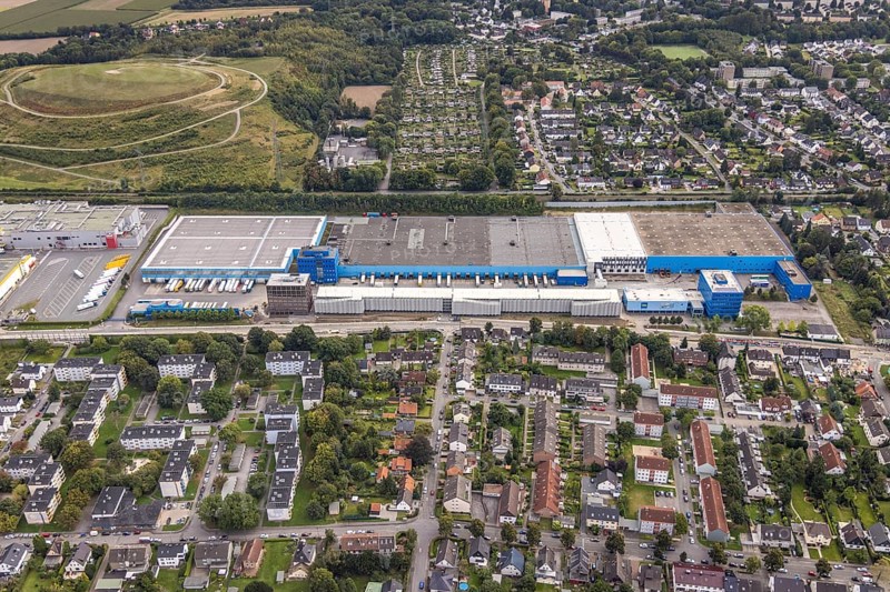 Aerial view, commercial area Brackeler Hellweg in the district Asseln in Dortmund, Ruhr area, North Rhine-Westphalia, Germany, DE, Dortmund, Europe, commercial enterprises, commercial area, commercial park, commercial location, commercial use, industrial area, industrial location, aerial photograph, aerial photography, aerial photography, overview, bird's-eye view, overview
