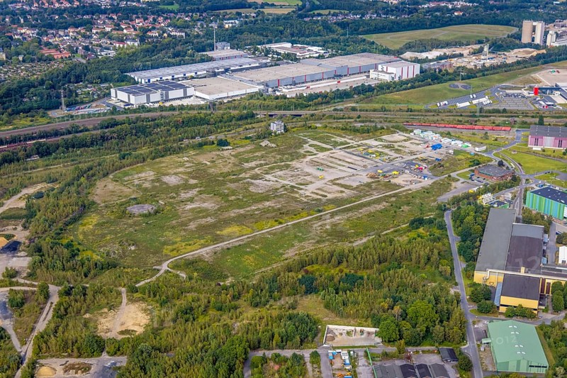 Aerial view, brownfield site at the Flurstraße of the old Westfalenhütte in the district Borsigplatz in Dortmund, Ruhr area, North Rhine-Westphalia, Germany, construction site, brownfield site, DE, Dortmund, Europe, aerial view, aerial photography, aerial photography, overview, bird's-eye view, overview
