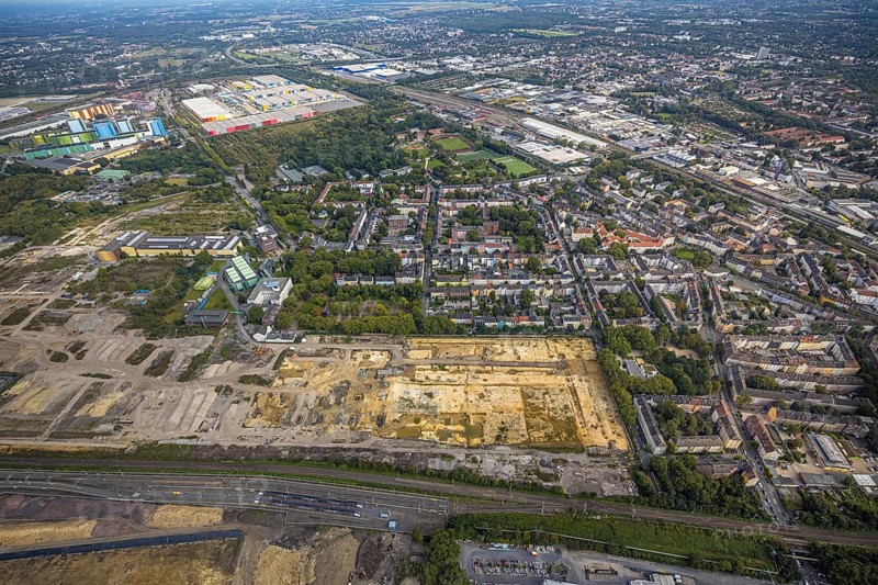 Aerial view, construction site at the old Westfalenhütte in the district Nordmarkt in Dortmund, Ruhr area, North Rhine-Westphalia, Germany, construction area, construction site, building plots, construction project, construction site, brownfield, DE, Dortmund, Europe, commercial enterprises, commercial area, commercial area, commercial site, commercial use, industrial area, industrial site, aerial view, aerial photography, aerial photography, overview, bird's-eye view, overview, thyssenkrupp Steel Europe