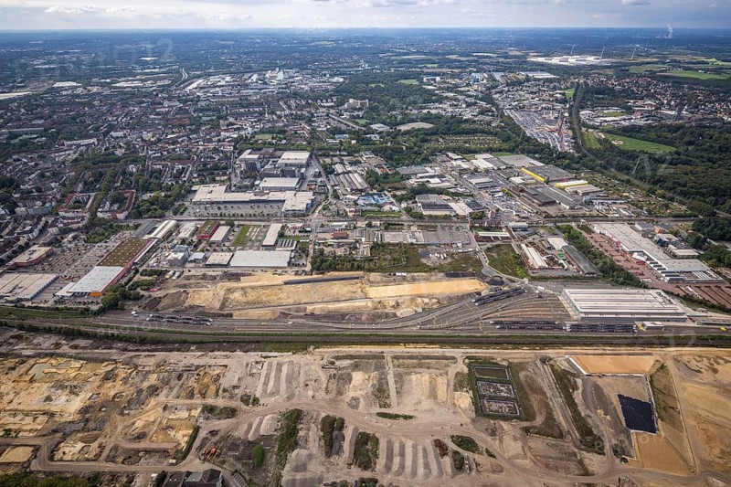 Aerial view, construction site at the old Westfalenhütte with Siemens Rail Service Centre in the district Borsigplatz in Dortmund, Ruhr area, North Rhine-Westphalia, Germany, construction area, construction site, building plots, construction project, construction site, brownfield site, DE, Dortmund, Europe, commercial enterprises, commercial area, commercial area, commercial site, commercial use, industrial area, industrial site, aerial view, aerial photography, aerial photography, overview, bird's eye view, birds-eyes view, overview
