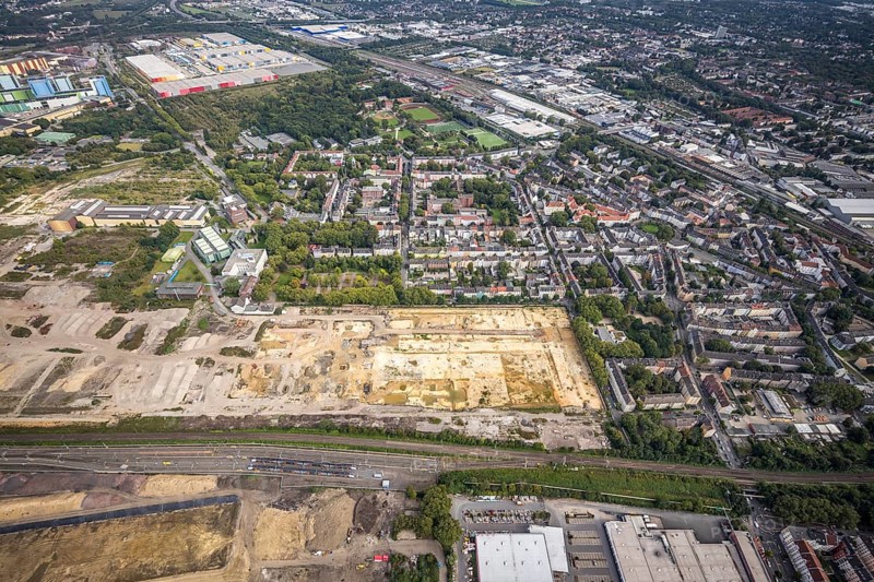 Aerial view, construction site at the old Westfalenhütte in the district Nordmarkt in Dortmund, Ruhr area, North Rhine-Westphalia, Germany, construction area, construction site, building plots, construction project, construction site, brownfield, DE, Dortmund, Europe, commercial enterprises, commercial area, commercial area, commercial site, commercial use, industrial area, industrial site, aerial view, aerial photography, aerial photography, overview, bird's-eye view, overview, thyssenkrupp Steel Europe