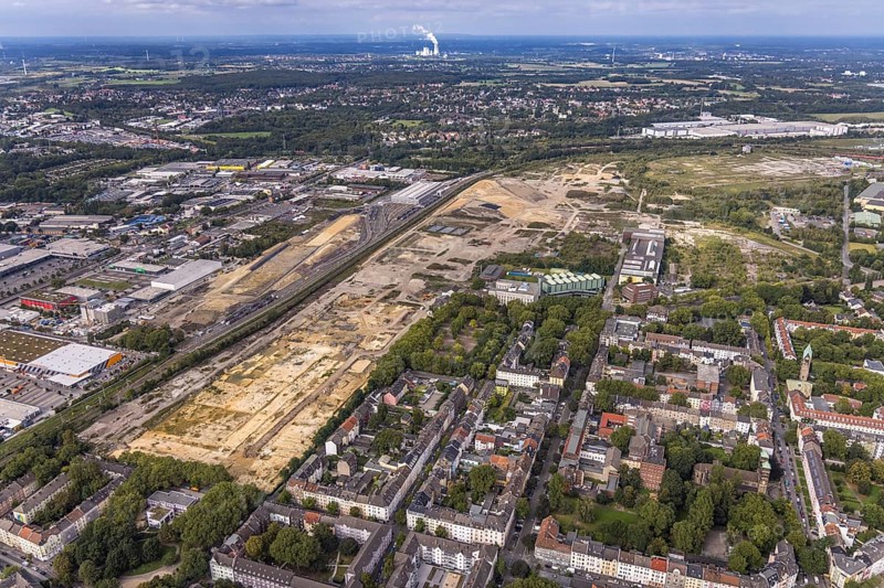 Aerial view, construction site at the old Westfalenhütte in the district Borsigplatz in Dortmund, Ruhr area, North Rhine-Westphalia, Germany, construction area, construction site, building plots, construction project, construction site, brownfield, DE, Dortmund, Europe, commercial enterprises, commercial area, commercial area, commercial site, commercial use, industrial area, industrial site, aerial view, aerial photography, aerial photography, overview, bird's eye view, birds-eyes view, overview