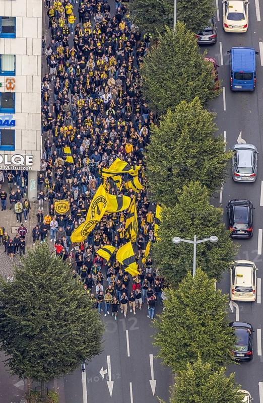 Aerial photo, BVB fans on their way to the BVB 09 football match in the City district of Dortmund, Ruhr area, North Rhine-Westphalia, Germany, BVB 09 Borussia Dortmund, DE, Dortmund, Europe, football fans, aerial photo, aerial photography, aerial photography, overview, bird's-eye view, overview