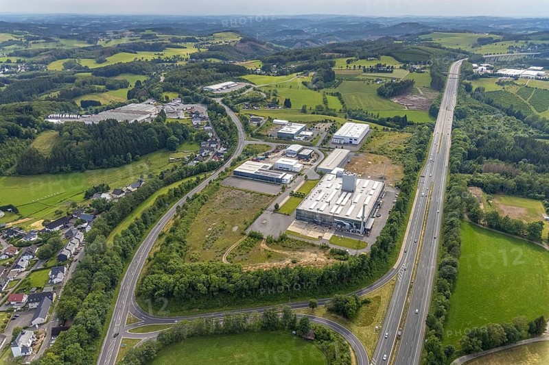 Aerial view, industrial area Buchholz, Ohm und Häner Metallwerk, Theile Metallverarbeitung, Püttmann GmbH, Germinghausen, Drolshagen, Sauerland, North Rhine-Westphalia, Germany, brownfield, DE, Europe, commercial enterprises, commercial area, commercial site, commercial use, industrial area, industrial site, aerial view, aerial photography, aerial photography, overview, bird's-eye view, overview