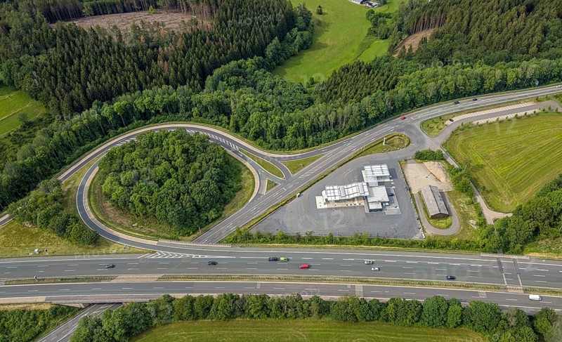 Aerial view, motorway junction Drolshagen, motorway A45 with petrol station and roundabout, Germinghausen, Drolshagen, Sauerland, North Rhine-Westphalia, Germany, motorway A45, DE, Europe, shapes and colours, aerial view, aerial photography, aerial photography, overview, bird's-eye view, overview
