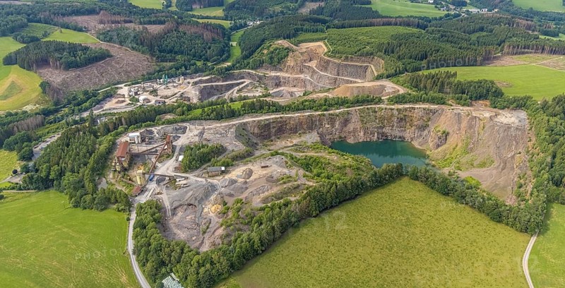 Aerial view, Basalt AG quarry and Robert Schulte quarry in Scheda, Drolshagen, Sauerland, North Rhine-Westphalia, Germany, DE, Europe, aerial view, aerial photography, aerial photography, quarry, overview, bird's-eye view, overview