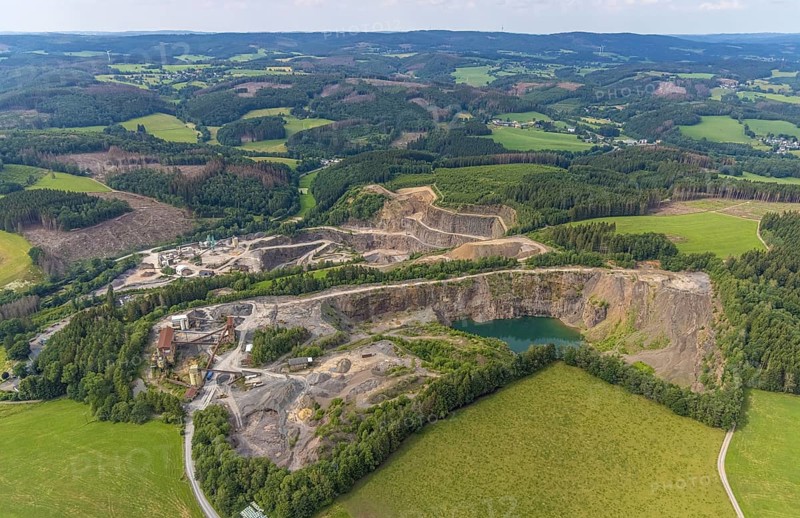 Aerial view, Basalt AG quarry and Robert Schulte quarry in Scheda, Drolshagen, Sauerland, North Rhine-Westphalia, Germany, DE, Europe, aerial view, aerial photography, aerial photography, quarry, overview, bird's-eye view, overview