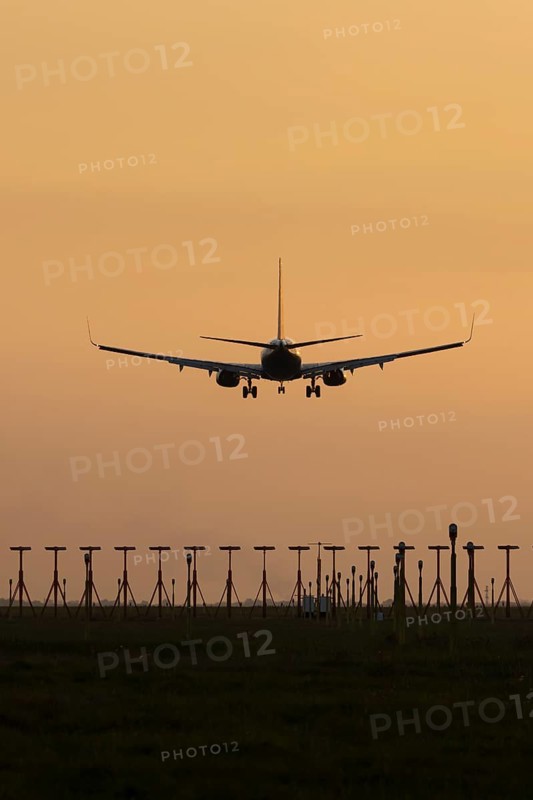 Boeing 737 jet aircraft of Ryanair airlines in flight landing at sunset at London Stansted airport, Essex, England, United Kingdom