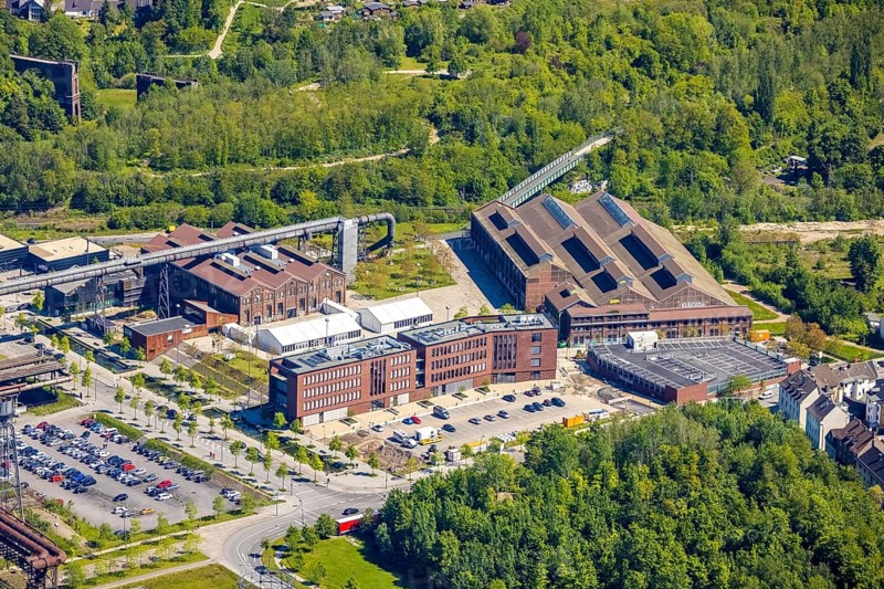 Aerial view, Phoenix-West industrial estate and local recreation area, Corona rapid test centre in the Warsteiner Music Hall, Hörde, Dortmund, Ruhr area, North Rhine-Westphalia, Germany, distance rule, Corona measures, Corona virus, Corona test centre, Covid-19, DE, Europe, hygiene measures, aerial view, aerial photography, aerial photography, overview, virus, bird's-eye view, tent, birds-eyes view, former Phoenix Hall, former blast furnace plant, overview