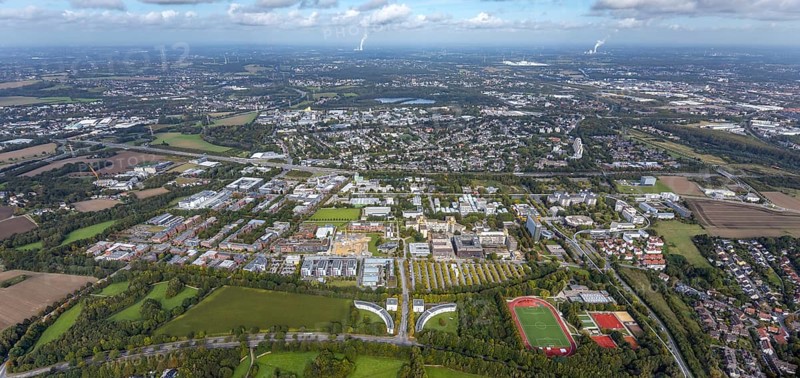 Aerial view of TZDO - TechnologieZentrumDortmund GmbH, Technische Universität Dortmund Campus Nord in the district Oespel in Dortmund, Ruhr area, North Rhine-Westphalia, Germany, motorway A40, Campus Nord, DE, Dortmund, Europe, distant view, aerial view, aerial photograph, aerial photography, aerial photography, sports facility, TU Dortmund, Technische Universität Dortmund, overview, University of Dortmund, bird's-eye view, bird's-eye view, overview