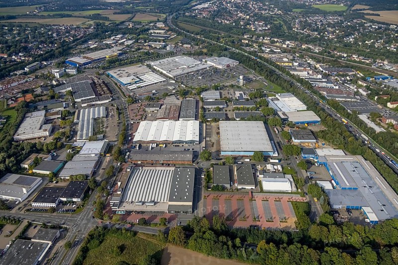 Aerial view, Indupark commercial area with the IKEA store in the district Oespel in Dortmund, Ruhr area, North Rhine-Westphalia, Germany, DE, Dortmund, Europe, commercial enterprises, commercial area, commercial park, commercial location, commercial use, industrial area, industrial building, industrial location, aerial view, aerial photography, aerial photography, overview, bird's eye view, birds-eyes view, overview