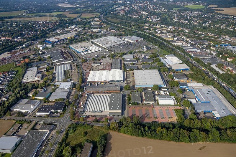Aerial view, Indupark commercial area with the IKEA store in the district Oespel in Dortmund, Ruhr area, North Rhine-Westphalia, Germany, DE, Dortmund, Europe, commercial enterprises, commercial area, commercial park, commercial location, commercial use, industrial area, industrial building, industrial location, aerial view, aerial photography, aerial photography, overview, bird's eye view, birds-eyes view, overview