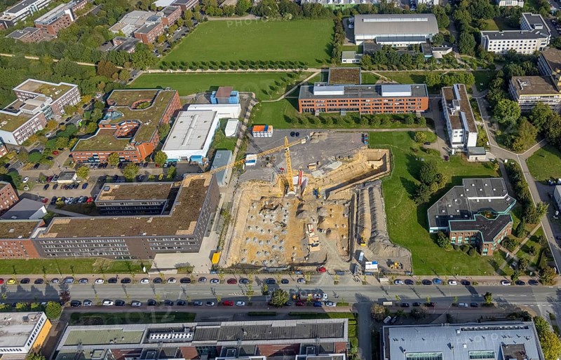 Aerial view, construction site for new refrigeration plant in Dortmund Technology Park on Otto-cock-Straße in the Eichlinghofen district of Dortmund, Ruhr area, North Rhine-Westphalia, Germany, construction work, construction area, building site, building plots, construction project, construction site, DE, Dortmund, Europe, aerial view, aerial photography, aerial photography, new building, TU Dortmund, Dortmund University of Technology, overview, bird's-eye view, overview, Dortmund Technology Park