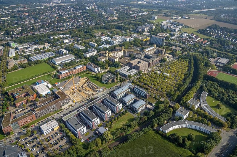 Aerial view, construction site for new refrigeration plant in Dortmund Technology Park on Otto-cock-Straße in the Eichlinghofen district of Dortmund, Ruhr area, North Rhine-Westphalia, Germany, construction work, construction area, building site, building plots, construction project, construction site, DE, Dortmund, Europe, aerial view, aerial photography, aerial photography, new building, TU Dortmund, Dortmund University of Technology, overview, bird's-eye view, overview, Dortmund Technology Park