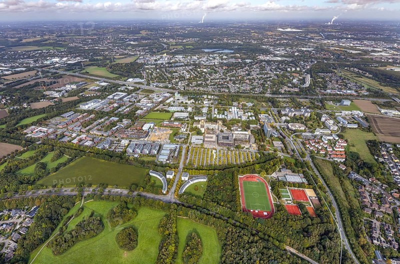 Aerial view of TZDO - TechnologieZentrumDortmund GmbH, Technische Universität Dortmund Campus Nord in the district Oespel in Dortmund, Ruhr area, North Rhine-Westphalia, Germany, motorway A40, Campus Nord, DE, Dortmund, Europe, distant view, aerial view, aerial photograph, aerial photography, aerial photography, sports facility, TU Dortmund, Technische Universität Dortmund, overview, University of Dortmund, bird's-eye view, bird's-eye view, overview