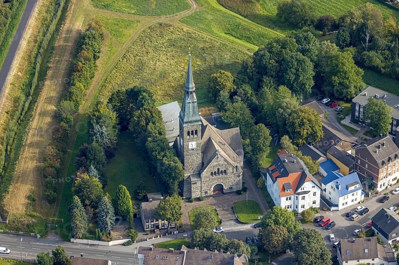 Aerial view, Immanuel Church in the Marten district of Dortmund, Ruhr area, North Rhine-Westphalia, Germany, place of worship, DE, Dortmund, Europe, religious community, place of worship, holy place, church, parish, denomination, aerial photograph, aerial photography, aerial photography, religion, religious site, overview, bird's-eye view, overview