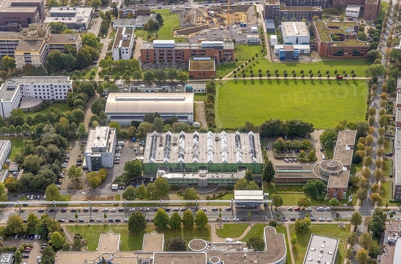 Aerial view of TZDO - TechnologieZentrumDortmund GmbH, Technische Universität Dortmund Campus Nord with the Technology Centre and EMC Test North Rhine-Westphalia GmbH EMC Competence Centre in the Oespel district in Dortmund, Ruhr area, North Rhine-Westphalia, Germany, motorway A40, Baumallee, education, educational institution, Campus Nord, DE, Dortmund, Emil-Figge-Straße, Europe, distant view, green area technology park, aerial view, aerial photograph, aerial photography, aerial photography, TU Dortmund, Technische Universität Dortmund, overview, University of Dortmund, bird's eye view, birds-eyes view, overview