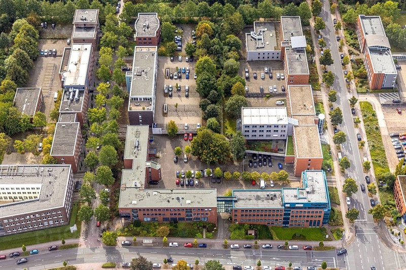 Aerial view of TZDO - TechnologieZentrumDortmund GmbH, Technische Universität Dortmund Campus Nord with the technology park Emil-Figge-Straße corner Hauert in the district Eichlinghofen in Dortmund, Ruhr area, North Rhine-Westphalia, Germany, education, educational institution, Campus Nord, DE, Dortmund, Europe, aerial view, aerial photograph, aerial photography, aerial photography, TU Dortmund, Technische Universität Dortmund, overview, University of Dortmund, bird's eye view, birds-eyes view, overview