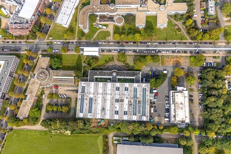 Aerial view of TZDO - TechnologieZentrumDortmund GmbH, Technische Universität Dortmund Campus Nord with the Technology Centre and EMC Test North Rhine-Westphalia GmbH EMC Competence Centre in the Oespel district in Dortmund, Ruhr area, North Rhine-Westphalia, Germany, motorway A40, Baumallee, education, educational institution, Campus Nord, DE, Dortmund, Emil-Figge-Straße, Europe, distant view, green area technology park, aerial view, aerial photograph, aerial photography, aerial photography, TU Dortmund, Technische Universität Dortmund, overview, University of Dortmund, bird's eye view, birds-eyes view, overview