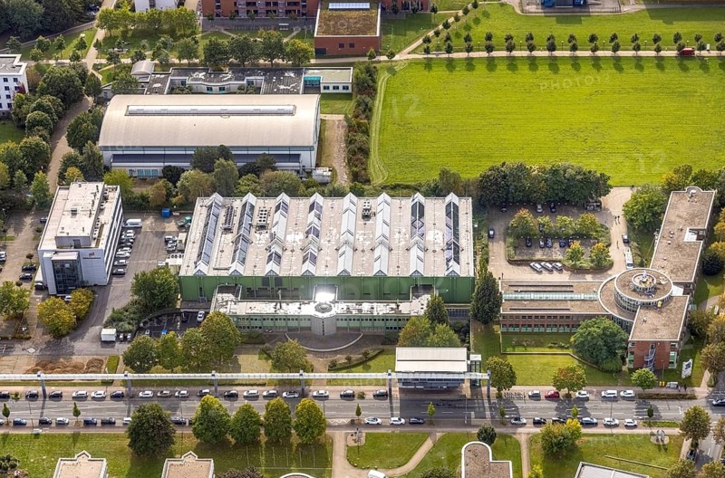 Aerial view of TZDO - TechnologieZentrumDortmund GmbH, Technische Universität Dortmund Campus Nord with the Technology Centre and EMC Test North Rhine-Westphalia GmbH EMC Competence Centre in the Oespel district in Dortmund, Ruhr area, North Rhine-Westphalia, Germany, motorway A40, Baumallee, education, educational institution, Campus Nord, DE, Dortmund, Emil-Figge-Straße, Europe, distant view, green area technology park, aerial view, aerial photograph, aerial photography, aerial photography, TU Dortmund, Technische Universität Dortmund, overview, University of Dortmund, bird's eye view, birds-eyes view, overview