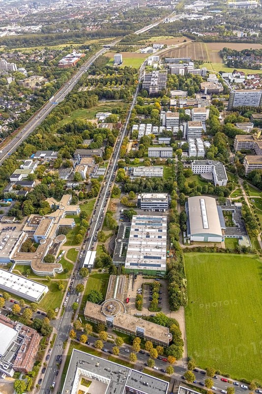 Aerial view of TZDO - TechnologieZentrumDortmund GmbH, Technische Universität Dortmund Campus Nord with the Technology Centre and EMC Test North Rhine-Westphalia GmbH EMC Competence Centre in the Oespel district in Dortmund, Ruhr area, North Rhine-Westphalia, Germany, motorway A40, Baumallee, education, educational institution, Campus Nord, DE, Dortmund, Emil-Figge-Straße, Europe, distant view, green area technology park, aerial view, aerial photograph, aerial photography, aerial photography, TU Dortmund, Technische Universität Dortmund, overview, University of Dortmund, bird's eye view, birds-eyes view, overview