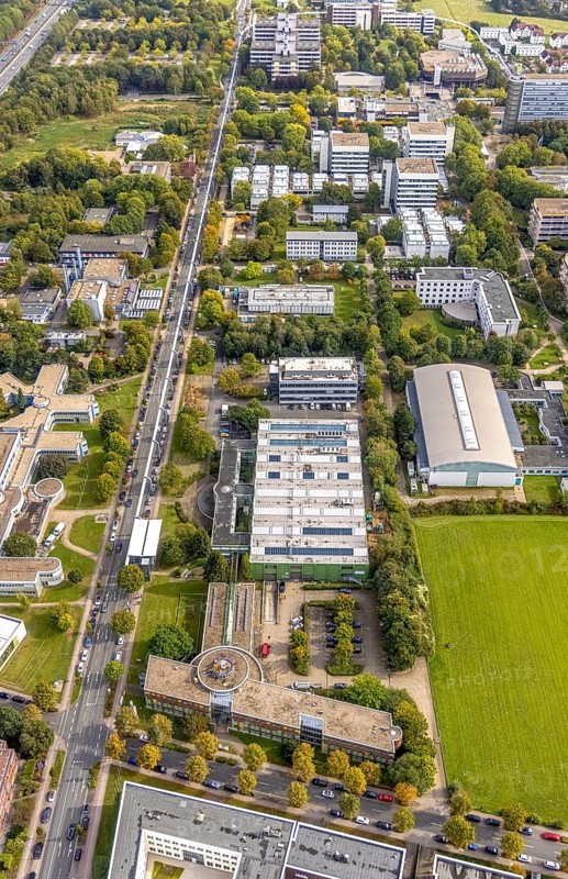 Aerial view of TZDO - TechnologieZentrumDortmund GmbH, Technische Universität Dortmund Campus Nord with the Technology Centre and EMC Test North Rhine-Westphalia GmbH EMC Competence Centre in the Oespel district in Dortmund, Ruhr area, North Rhine-Westphalia, Germany, motorway A40, Baumallee, education, educational institution, Campus Nord, DE, Dortmund, Emil-Figge-Straße, Europe, distant view, green area technology park, aerial view, aerial photograph, aerial photography, aerial photography, TU Dortmund, Technische Universität Dortmund, overview, University of Dortmund, bird's eye view, birds-eyes view, overview