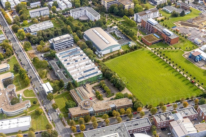 Aerial view of TZDO - TechnologieZentrumDortmund GmbH, Technische Universität Dortmund Campus Nord with the Technology Centre and EMC Test North Rhine-Westphalia GmbH EMC Competence Centre in the Oespel district in Dortmund, Ruhr area, North Rhine-Westphalia, Germany, motorway A40, Baumallee, education, educational institution, Campus Nord, DE, Dortmund, Emil-Figge-Straße, Europe, distant view, green area technology park, aerial view, aerial photograph, aerial photography, aerial photography, TU Dortmund, Technische Universität Dortmund, overview, University of Dortmund, bird's eye view, birds-eyes view, overview