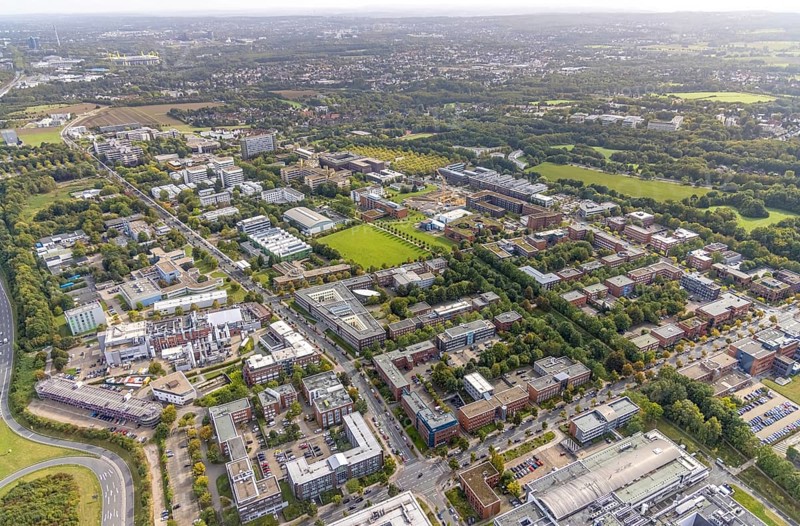 Aerial view of TZDO - TechnologieZentrumDortmund GmbH, Technische Universität Dortmund Campus Nord in the district Eichlinghofen in Dortmund, Ruhr area, North Rhine-Westphalia, Germany, construction work, construction area, building site, building plots, construction project, construction site, education, educational institution, Campus North, Center for Advanced Liquid-Phase Engineering Dortmund (CALEDO), DE, Dortmund, Europe, aerial view, aerial photograph, aerial photography, aerial photography, new building, TU Dortmund, Dortmund University of Technology, overview, University of Dortmund, bird's-eye view, overview