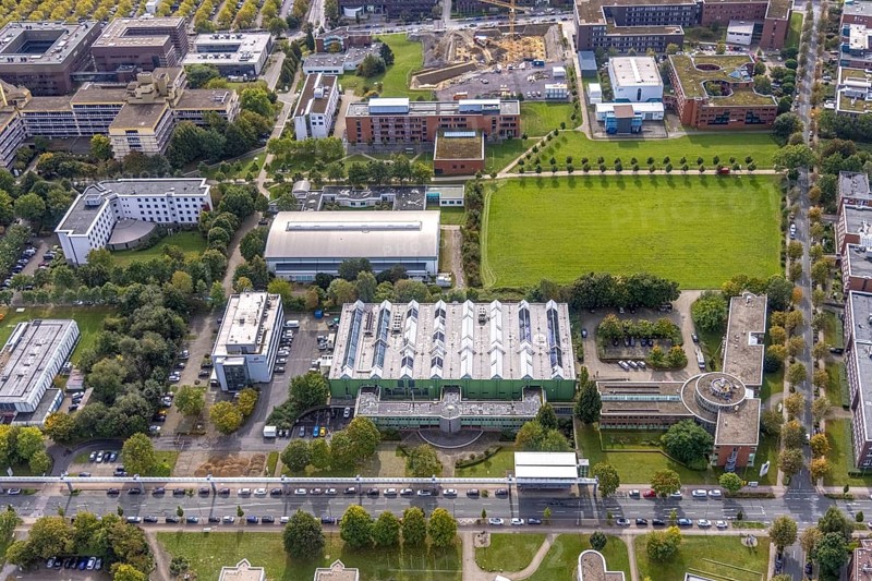 Aerial view of TZDO - TechnologieZentrumDortmund GmbH, Technische Universität Dortmund Campus Nord with the Technology Centre and EMC Test North Rhine-Westphalia GmbH EMC Competence Centre in the Oespel district in Dortmund, Ruhr area, North Rhine-Westphalia, Germany, motorway A40, Baumallee, education, educational institution, Campus Nord, DE, Dortmund, Emil-Figge-Straße, Europe, distant view, green area technology park, aerial view, aerial photograph, aerial photography, aerial photography, TU Dortmund, Technische Universität Dortmund, overview, University of Dortmund, bird's eye view, birds-eyes view, overview