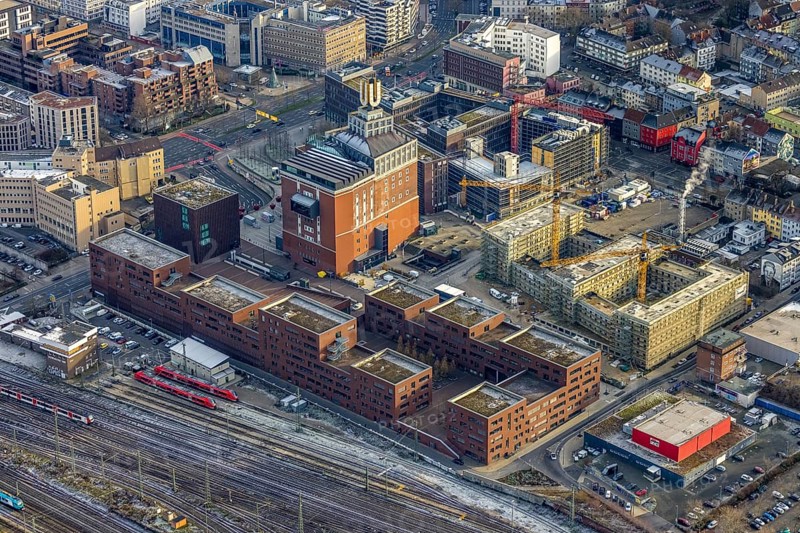 Aerial view, construction site and new construction of a residential complex at the Dortmunder U in the district Dorstfelder Brücke in Dortmund, Ruhr area, North Rhine-Westphalia, Germany, construction work, construction, construction area, building site, building plots, construction crane, construction project, construction site, DE, Dortmund, Dortmunder U Centre for Art and Creativity, Emil-Moog-Platz, Europe, property tax, real estate, aerial view, aerial photography, aerial photography, new building, overview, bird's-eye view, housing estate, residential area, residential buildings, residential quality, residential quarter, housing estate, Centre for Art and Creativity, birds-eyes view, overview