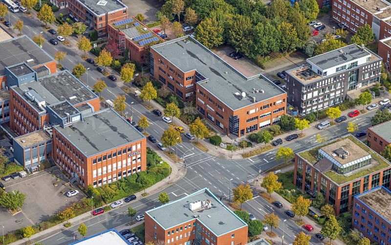 Aerial view of TZDO - TechnologieZentrumDortmund GmbH, Technische Universität Dortmund Campus Nord with company buildings at the intersection of Otto-cock-Straße and Hauert in the Eichlinghofen district of Dortmund, Ruhr area, North Rhine-Westphalia, Germany, AKG Arbeitsgemeinschaft Kammerleitstelle für Beitragsbemessungsgrundlagen GmbH, Education, educational institution, Campus North, DE, Dortmund, Europe, commercial enterprises, commercial area, commercial location, commercial use, Leopold Kostal GmbH, aerial view, aerial photograph, aerial photography, aerial photography, TU Dortmund, Dortmund University of Technology, overview, University of Dortmund, bird's eye view, birds-eyes view, overview