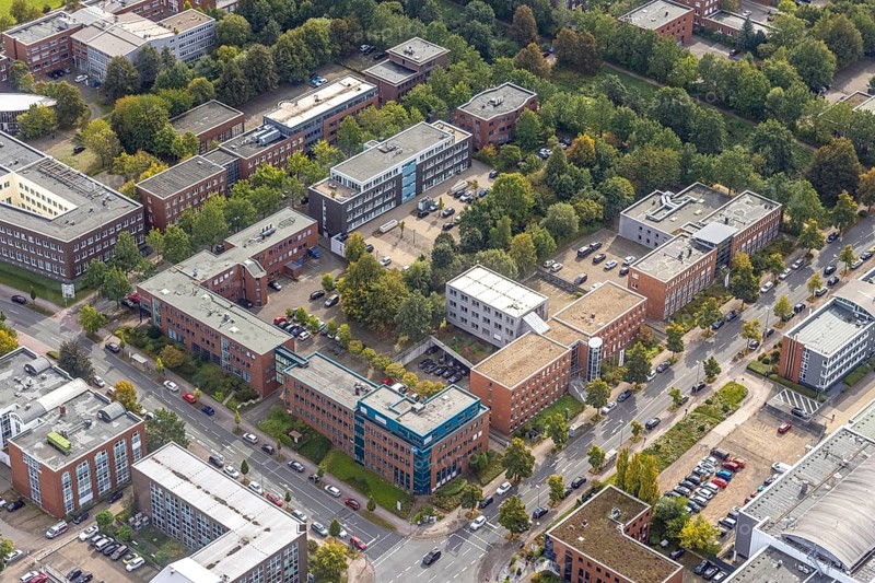 Aerial view of TZDO - TechnologieZentrumDortmund GmbH, Technische Universität Dortmund Campus Nord with the technology park Emil-Figge-Straße corner Hauert in the district Eichlinghofen in Dortmund, Ruhr area, North Rhine-Westphalia, Germany, education, educational institution, Campus Nord, DE, Dortmund, Europe, aerial view, aerial photograph, aerial photography, aerial photography, TU Dortmund, Technische Universität Dortmund, overview, University of Dortmund, bird's eye view, birds-eyes view, overview