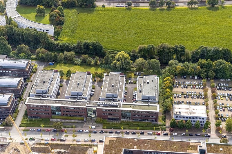 Aerial view of TZDO - TechnologieZentrumDortmund GmbH, Technische Universität Dortmund with the BioMedizinZentrum BMZ at Otto-cock-Straße in the district Eichlinghofen in Dortmund, Ruhr area, North Rhine-Westphalia, Germany, education, educational institution, Campus North, DE, Dortmund, Europe, aerial view, aerial photograph, aerial photography, aerial photography, TU Dortmund, Technische Universität Dortmund, overview, University of Dortmund, bird's eye view, birds-eyes view, overview