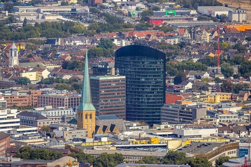 City centre view with protestant church St. Petri, Sparkassenhochhaus and RWE Tower in the City district of Dortmund, Ruhr area, North Rhine-Westphalia, Germany, place of worship, office tower, City, DE, Dortmund, Europe, religious community, place of worship, holy place, high-rise building, city centre, church, parish, denomination, RWE Vertrieb AG headquarters, aerial view, aerial photograph, aerial photography, aerial photography, local view, Petrikirche, RWE Tower, religion, religious site, skyline, townscape, city centre, overview, bird's-eye view, overview