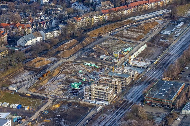 Aerial view, construction site Kronprinzenviertel for new construction of flats Am Wasserturm Südbahnhof in the district Westfalendamm in Dortmund, Ruhr area, North Rhine-Westphalia, Germany, construction work, building monument, construction, construction area, building site, building plots, construction measure, construction project, construction site, DE, monument, Dortmund, Europe, aerial view, aerial photography, aerial photography, tower, overview, bird's-eye view, water tower Dortmunder Südbahnhof, housing estate, housing and living, residential area, residential quality, residential neighbourhood, housing estate, birds-eyes view, overview