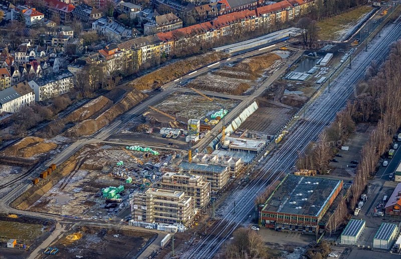Aerial view, construction site Kronprinzenviertel for new construction of flats Am Wasserturm Südbahnhof in the district Westfalendamm in Dortmund, Ruhr area, North Rhine-Westphalia, Germany, construction work, building monument, construction, construction area, building site, building plots, construction measure, construction project, construction site, DE, monument, Dortmund, Europe, aerial view, aerial photography, aerial photography, tower, overview, bird's-eye view, water tower Dortmunder Südbahnhof, housing estate, housing and living, residential area, residential quality, residential neighbourhood, housing estate, birds-eyes view, overview