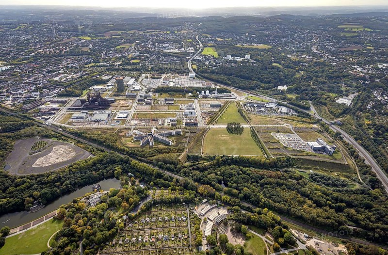 Phönix-West Areal and Hoesch-Gasometer as well as Wilo Park, BMW branch Dortmund, INTECH Die Industrieausrüster and Amprion GmbH Stromversorger in the district Hörde in Dortmund, Ruhr area, North Rhine-Westphalia, Germany, Amprion GmbH Stromversorger, DE, monument protection, Dortmund, Europe, commercial enterprises, commercial area, commercial area, commercial park, commercial location, commercial use, industrial area, industrial building, industrial location, innovation location, aerial view, aerial photograph, aerial photography, aerial photography, Phoenix-See, Phoenix-West, overview, bird's-eye view, birds-eyes view, former blast furnace plant, overview