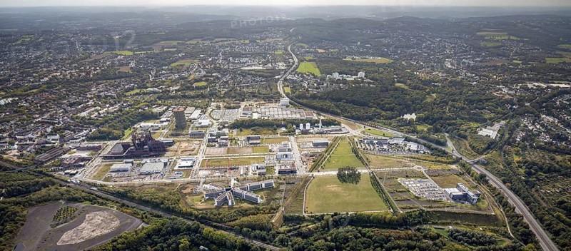 Phönix-West Areal and Hoesch-Gasometer as well as Wilo Park, BMW branch Dortmund, INTECH Die Industrieausrüster and Amprion GmbH Stromversorger in the district Hörde in Dortmund, Ruhr area, North Rhine-Westphalia, Germany, Amprion GmbH Stromversorger, DE, monument protection, Dortmund, Europe, commercial enterprises, commercial area, commercial area, commercial park, commercial location, commercial use, industrial area, industrial building, industrial location, innovation location, aerial view, aerial photograph, aerial photography, aerial photography, Phoenix-See, Phoenix-West, overview, bird's-eye view, birds-eyes view, former blast furnace plant, overview