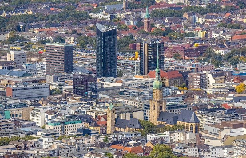 City centre view with protestant church St Marien, St. Reinoldikirche, IWO Hochhaus, RWE Tower and Sparkassenhochhhaus in the district City in Dortmund, Ruhr area, North Rhine-Westphalia, Germany, place of worship, City, DE, Dortmund, Europe, religious community, place of worship, holy place, city centre, church, parish, denomination, aerial view, aerial photograph, aerial photography, aerial photography, site view, religion, religious site, skyline, townscape, city centre, overview, bird's-eye view, bird's-eye view, overview