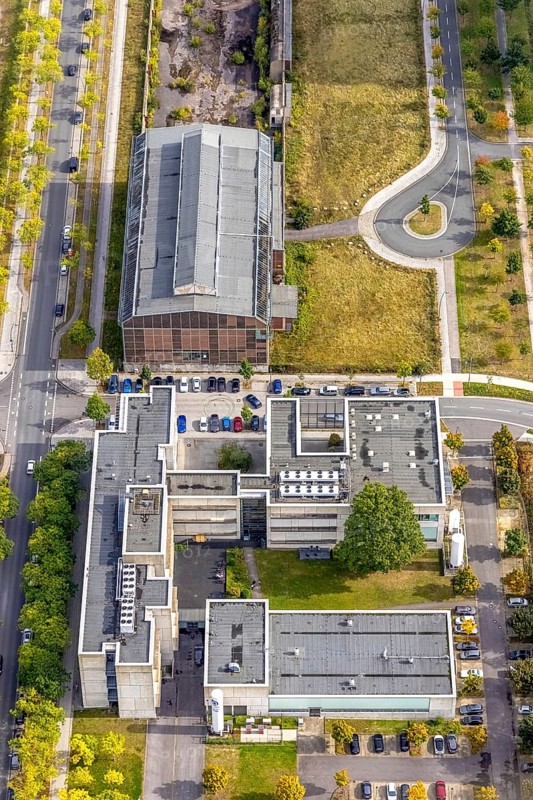 Phönix-West area with company buildings MST Factory and ION-GAS GmbH at Konrad-Adenauer-Allee in the district Hörde in Dortmund, Ruhr area, North Rhine-Westphalia, Germany, Bartels Mikrotechnik GmbH, DE, Dortmund, Europe, commercial enterprises, commercial area, industrial estate, industrial park, commercial location, commercial use, industrial area, industrial building, industrial location, innovation location, aerial view, aerial photograph, aerial photography, aerial photography, Micronit GmbH, Phönix-West, overview, bird's-eye view, old factory building, birds-eyes view, former blast furnace plant, overview, temicon GmbH