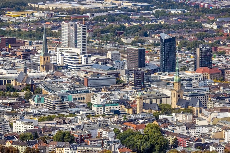 View of the city centre with St. Marien Protestant Church, St. Reinoldi Church, IWO Tower, RWE Tower, Sparkasse Tower, Harenberg City-Center Tower and St. Petri Church. Petri in the district City in Dortmund, Ruhr area, North Rhine-Westphalia, Germany, place of worship, City, DE, Dortmund, Europe, religious community, place of worship, holy place, city centre, church, parish, denomination, aerial view, aerial photograph, aerial photography, aerial view, panoramic photo, Petrikirche, religion, religious site, skyline, townscape, city centre, overview, bird's-eye view, overview