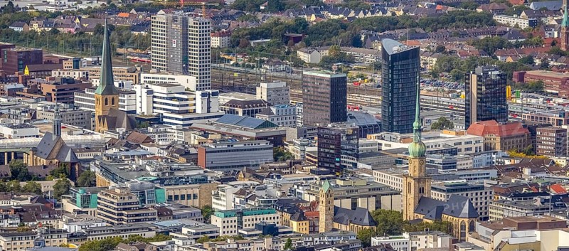 View of the city centre with St. Marien Protestant Church, St. Reinoldi Church, IWO Tower, RWE Tower, Sparkasse Tower, Harenberg City-Center Tower and St. Petri Church. Petri in the district City in Dortmund, Ruhr area, North Rhine-Westphalia, Germany, place of worship, City, DE, Dortmund, Europe, religious community, place of worship, holy place, city centre, church, parish, denomination, aerial view, aerial photograph, aerial photography, aerial view, panoramic photo, Petrikirche, religion, religious site, skyline, townscape, city centre, overview, bird's-eye view, overview