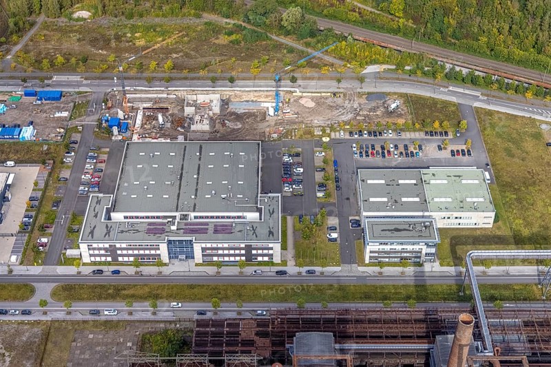 Phoenix-West area with company building Albonair and Centre for Production Technology at Carlo-Schmid-Allee in the district Hörde in Dortmund, Ruhr area, North Rhine-Westphalia, Germany, AAP-NDT GmbH, CTM-do GmbH, DE, Dortmund, Europe, commercial enterprises, commercial area, industrial area, commercial park, commercial location, commercial use, industrial area, industrial building, industrial location, innovation location, aerial view, aerial photograph, aerial photography, aerial photography, ORONTEC GmbH, Phönix-West, overview, bird's-eye view, birds-eyes view, former blast furnace plant, overview