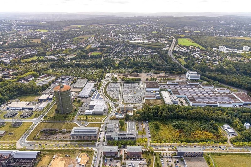 Phönix-West Areal and Hoesch-Gasometer, Wilo Park and company buildings MST Factory and ION-GAS GmbH at Konrad-Adenauer-Allee in the district Hörde in Dortmund, Ruhr area, North Rhine-Westphalia, Germany, Bartels Mikrotechnik GmbH, DE, Dortmund, Europe, commercial enterprises, commercial area, industrial area, commercial park, commercial location, commercial use, industrial area, industrial building, industrial location, innovation location, aerial view, aerial photograph, aerial photography, aerial photography, Micronit GmbH, Phönix-West, overview, bird's-eye view, birds-eyes view, former blast furnace plant, overview, temicon GmbH